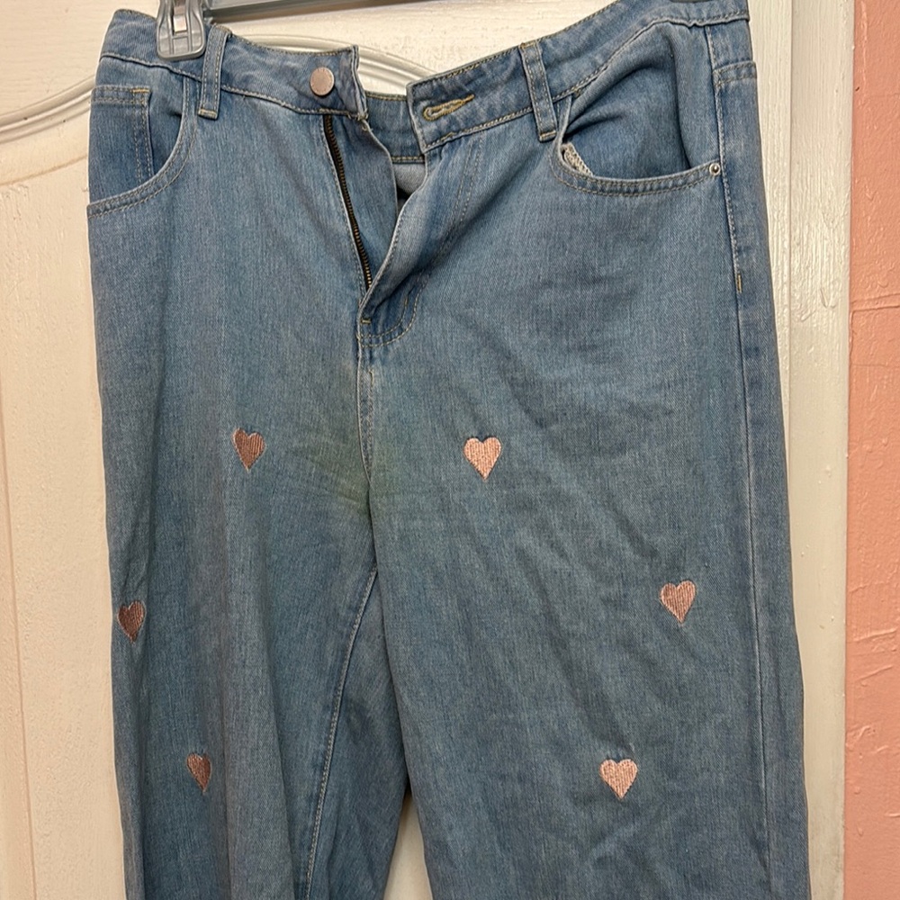 SHEIN Blue and Pink Straight Leg Jeans with Heart Embellishments